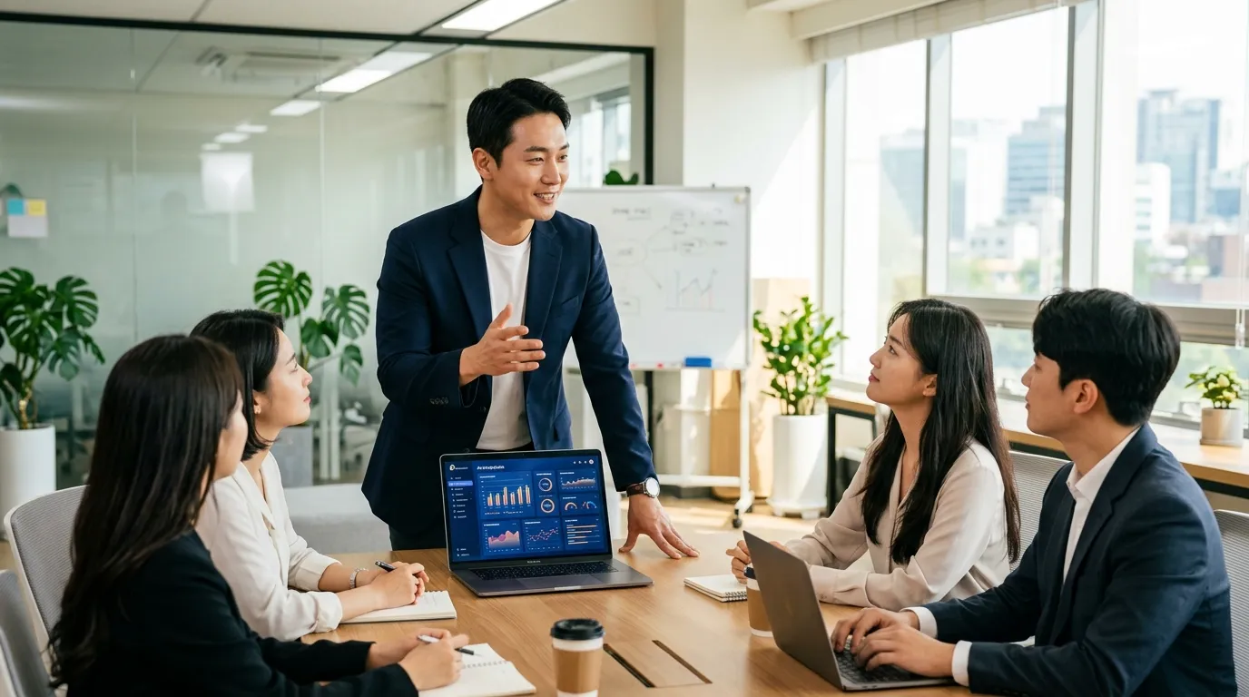 한국인 직장인이 AI 데이터를 활용해 자신감 있게 발표하는 모습