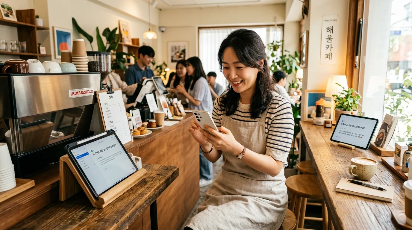 한국인 자영업자가 AI 도구로 SNS 콘텐츠를 만드는 모습