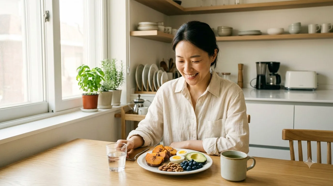 혈당 관리에 좋은 건강한 아침 식사를 즐기는 한국인 여성