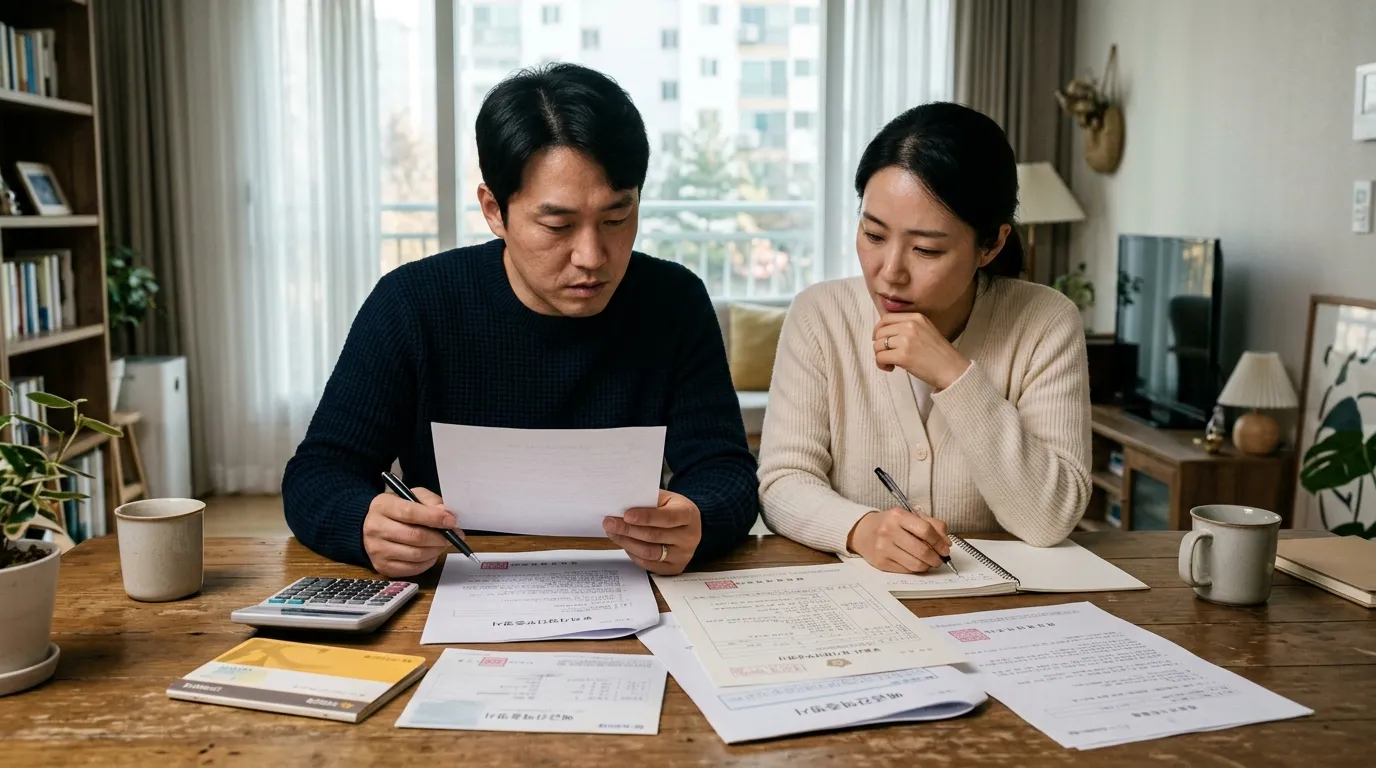 한국인 부부가 자녀장려금 재산 기준 서류를 검토하는 모습