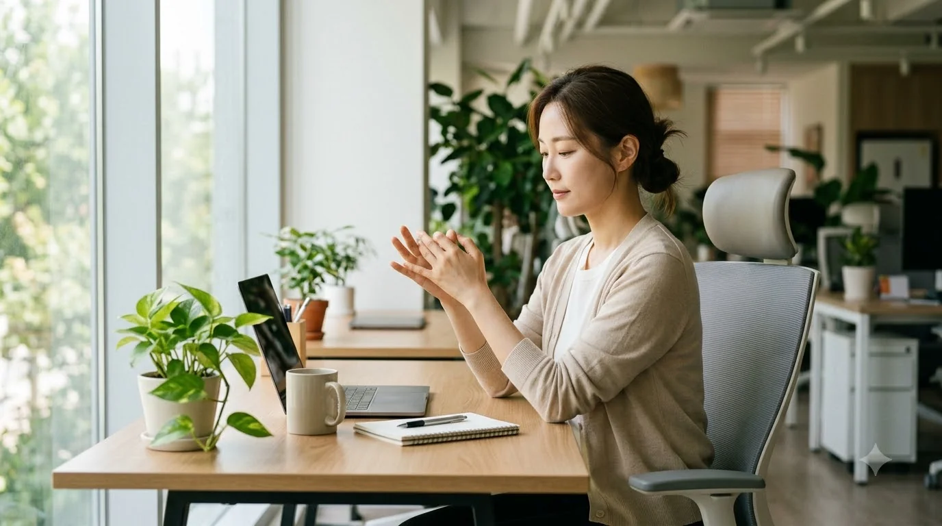 손가락 회전 운동을 실천하는 한국인 직장인