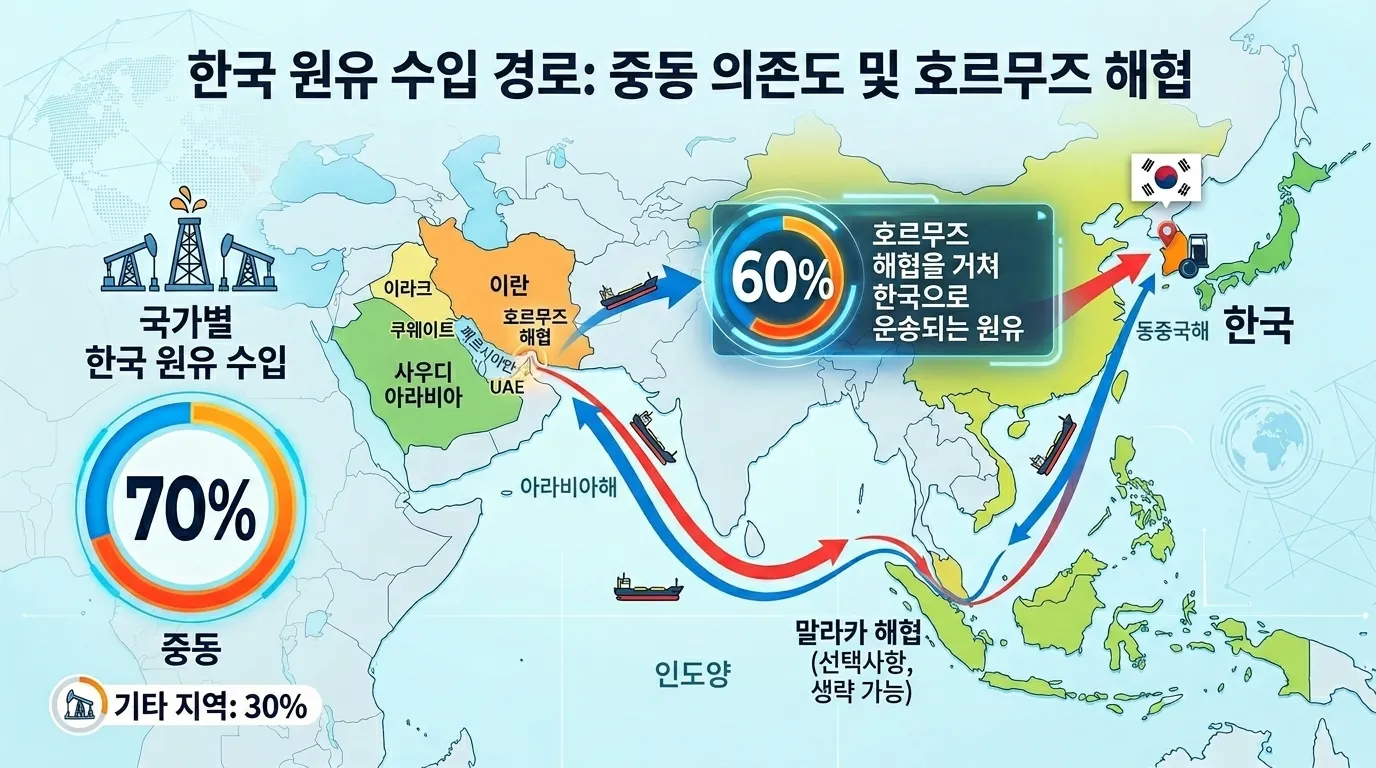 한국 원유 수입 경로와 호르무즈 의존도