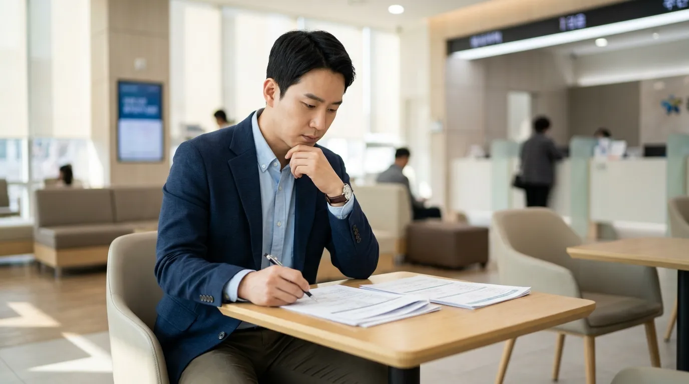 30대 남성이 은행에서 대출 서류를 검토하는 라이프스타일 장면