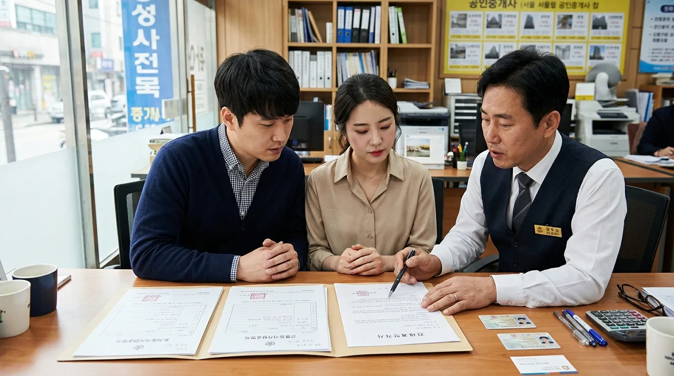 한국인 신혼부부가 전세 계약 서류를 검토하는 모습