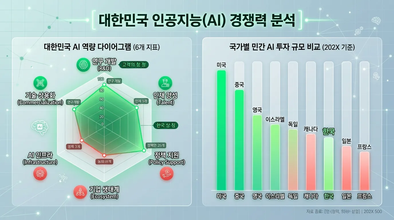 한국 AI G3 강점과 약점 지표 비교 레이더 차트