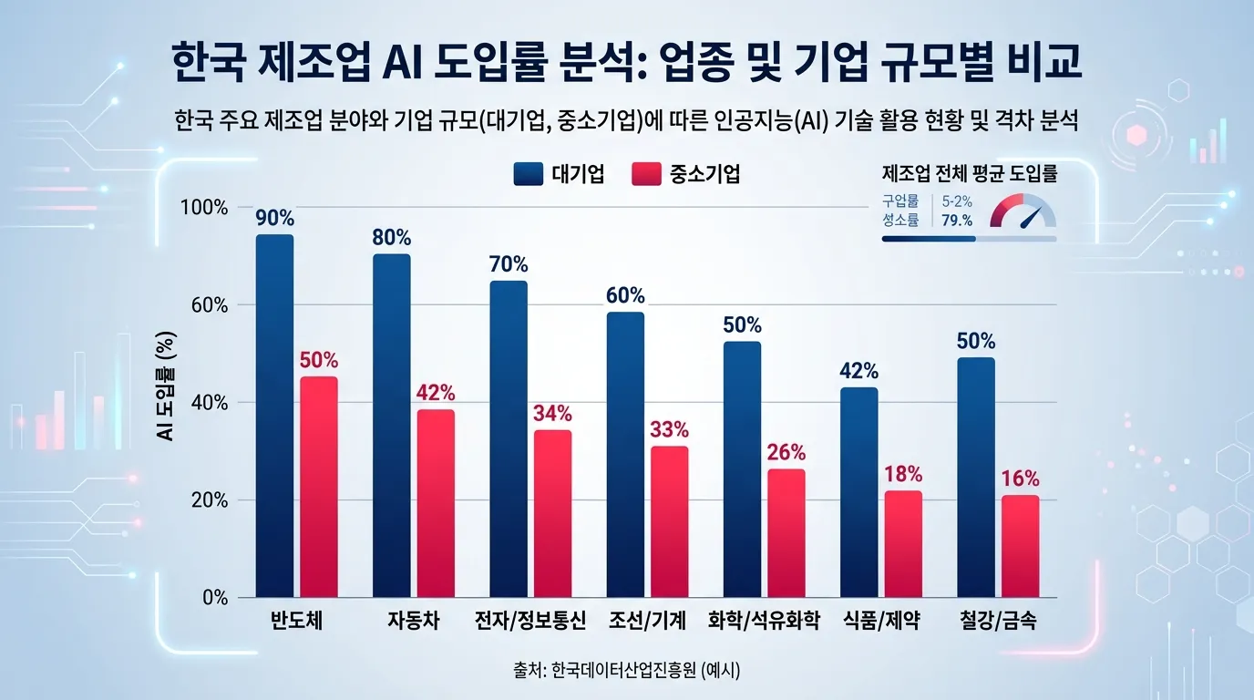 한국 제조업 AI 활용률 및 기업규모별 도입률 격차 차트