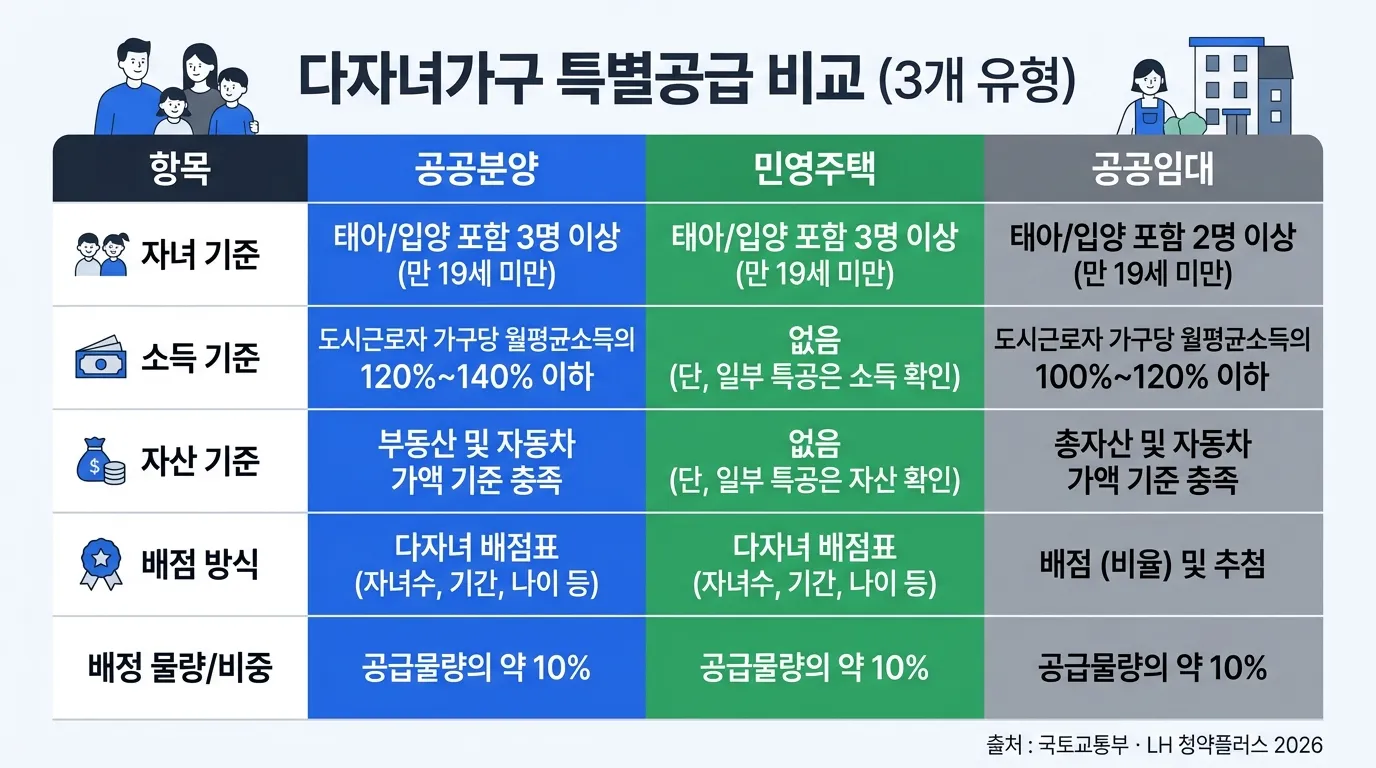 다자녀 특별공급 공공분양 민영주택 공공임대 유형별 비교 차트