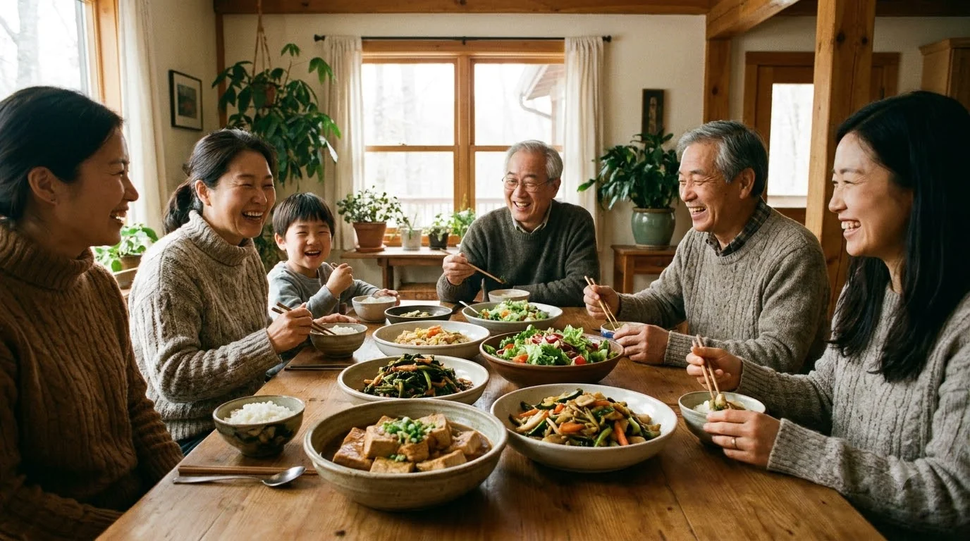 가족이 밥과 콩 반찬, 두부 요리를 함께 먹는 라이프스타일 장면
