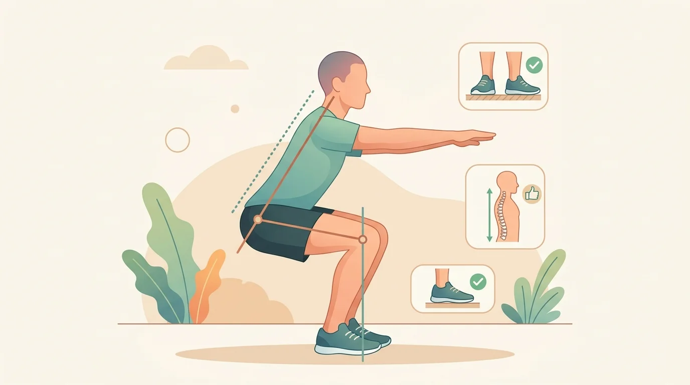 Infographic showing correct squat posture and alignment