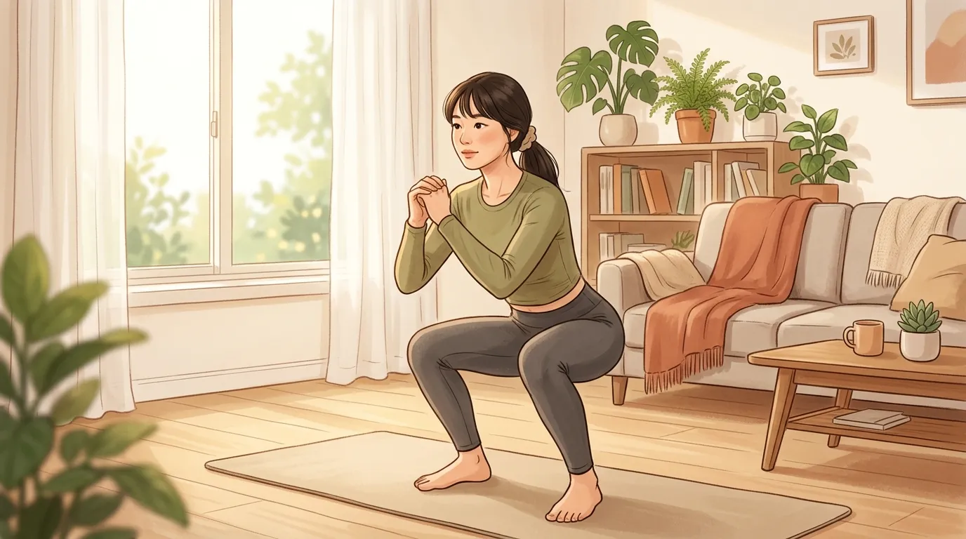 Korean woman doing bodyweight squat at home, warm morning light, Korean appearance emphasized