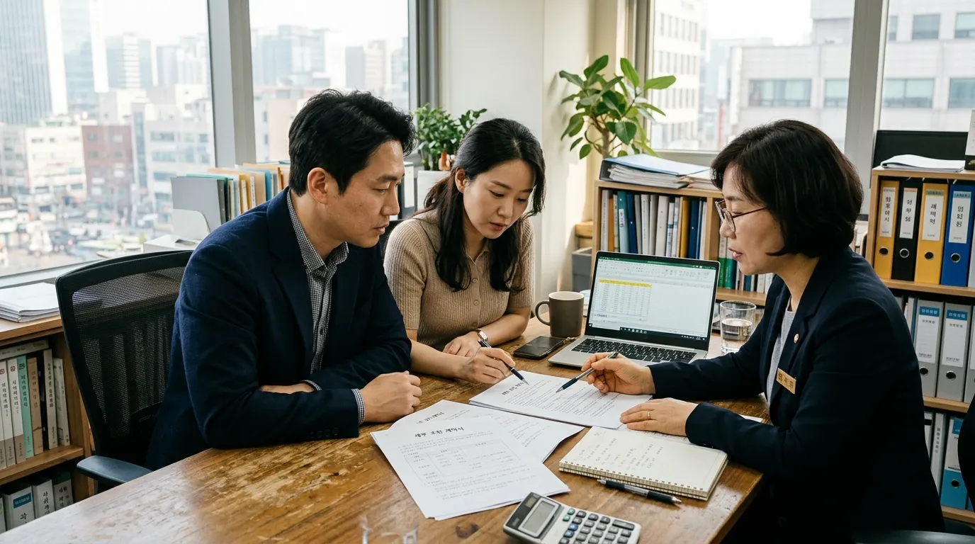 한국인 부부가 세무사와 갈아타기 세금을 상담하는 모습