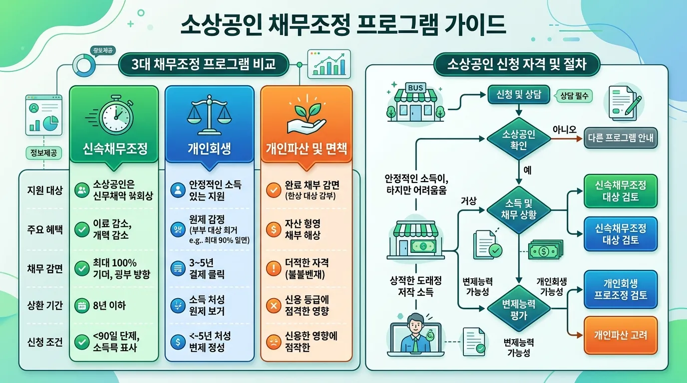 소상공인 채무조정 3대 제도 비교 및 선택 흐름도