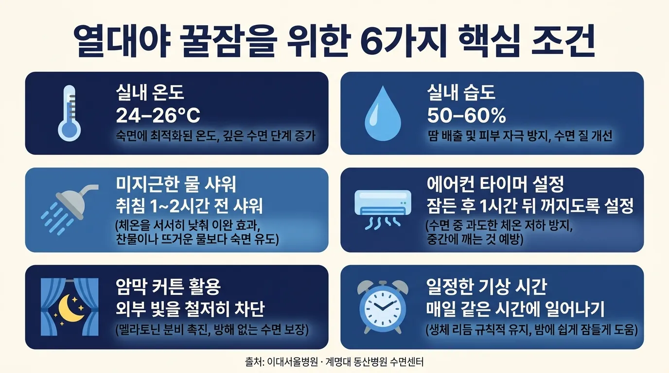 열대야 숙면을 위한 수면 환경 설정 6가지 인포그래픽