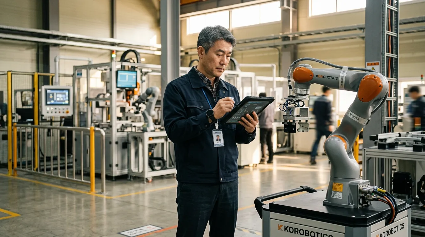 한국인 엔지니어가 스마트팩토리에서 로봇 데이터를 점검하는 모습