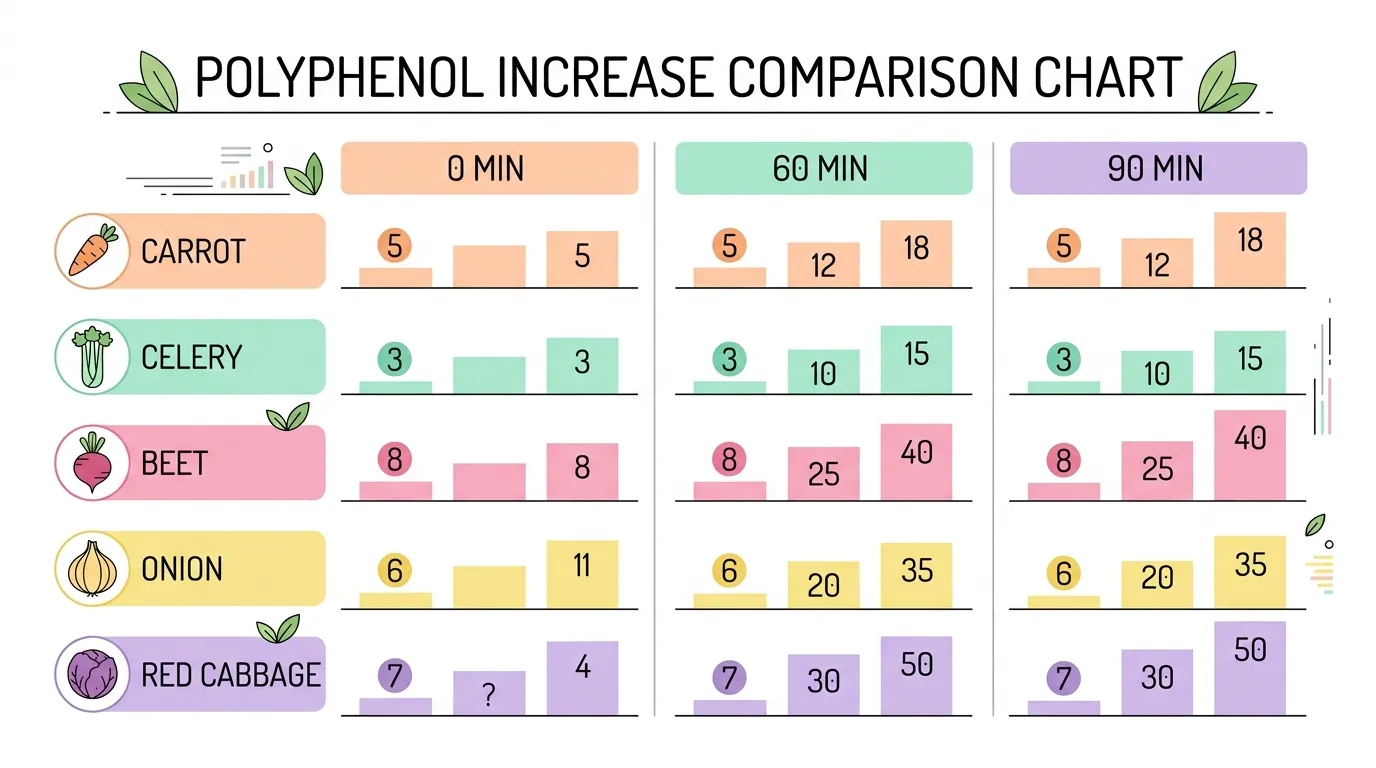 Data comparison chart of polyphenol surge by vegetable type and cutting method